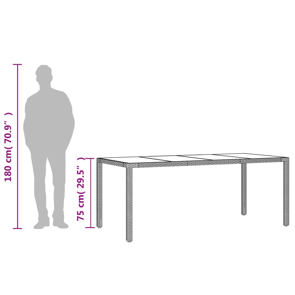 Tuintafel met glazen blad 190x90x75 cm poly rattan zwart