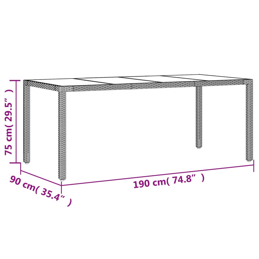 Tuintafel met glazen blad 190x90x75 cm poly rattan zwart