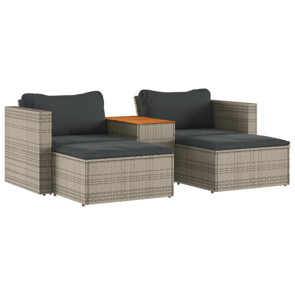 5-delige Loungeset met kussens poly rattan acacia grijs