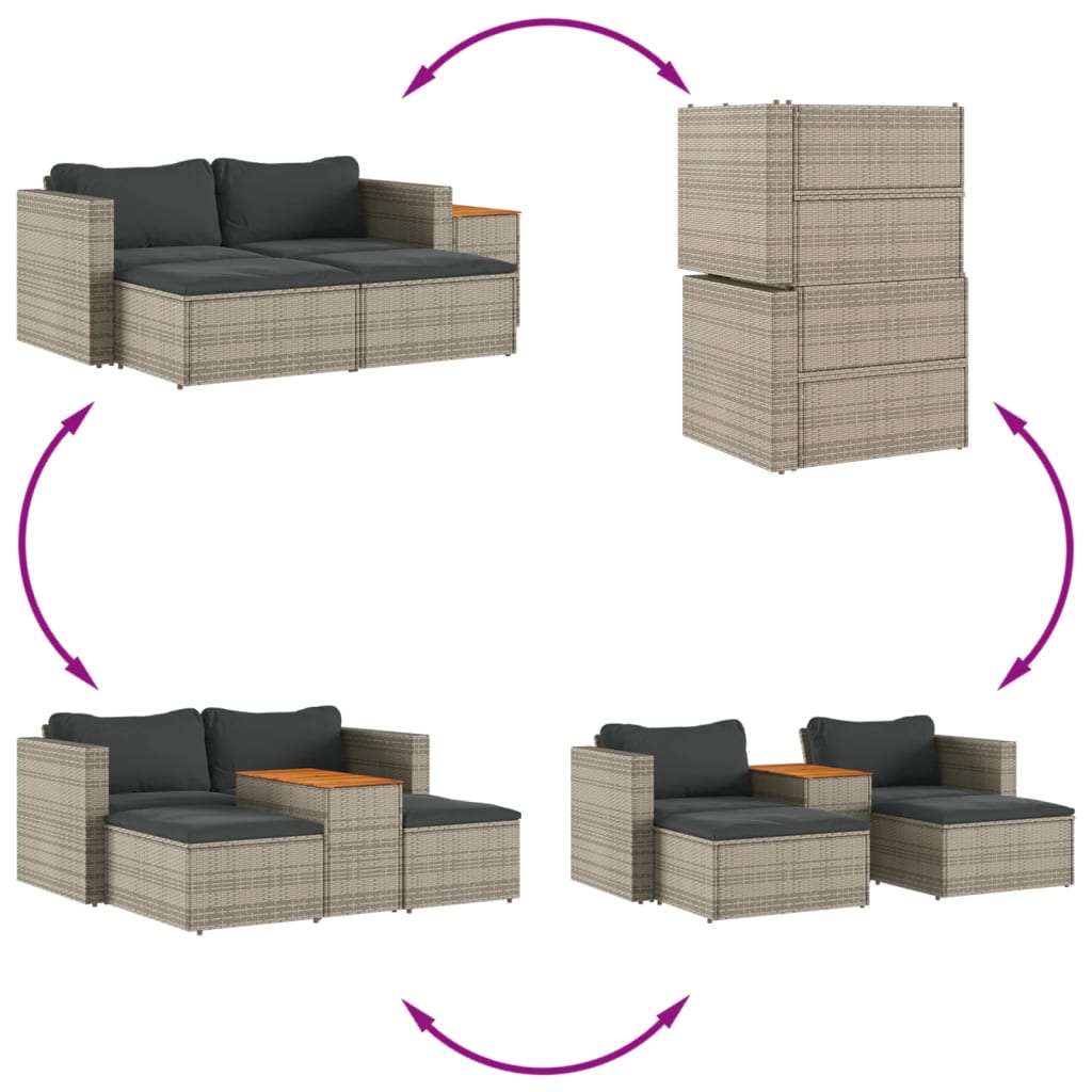 5-delige Loungeset met kussens poly rattan acacia grijs