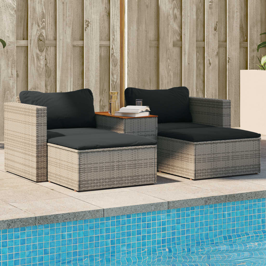 5-delige Loungeset met kussens poly rattan acacia grijs