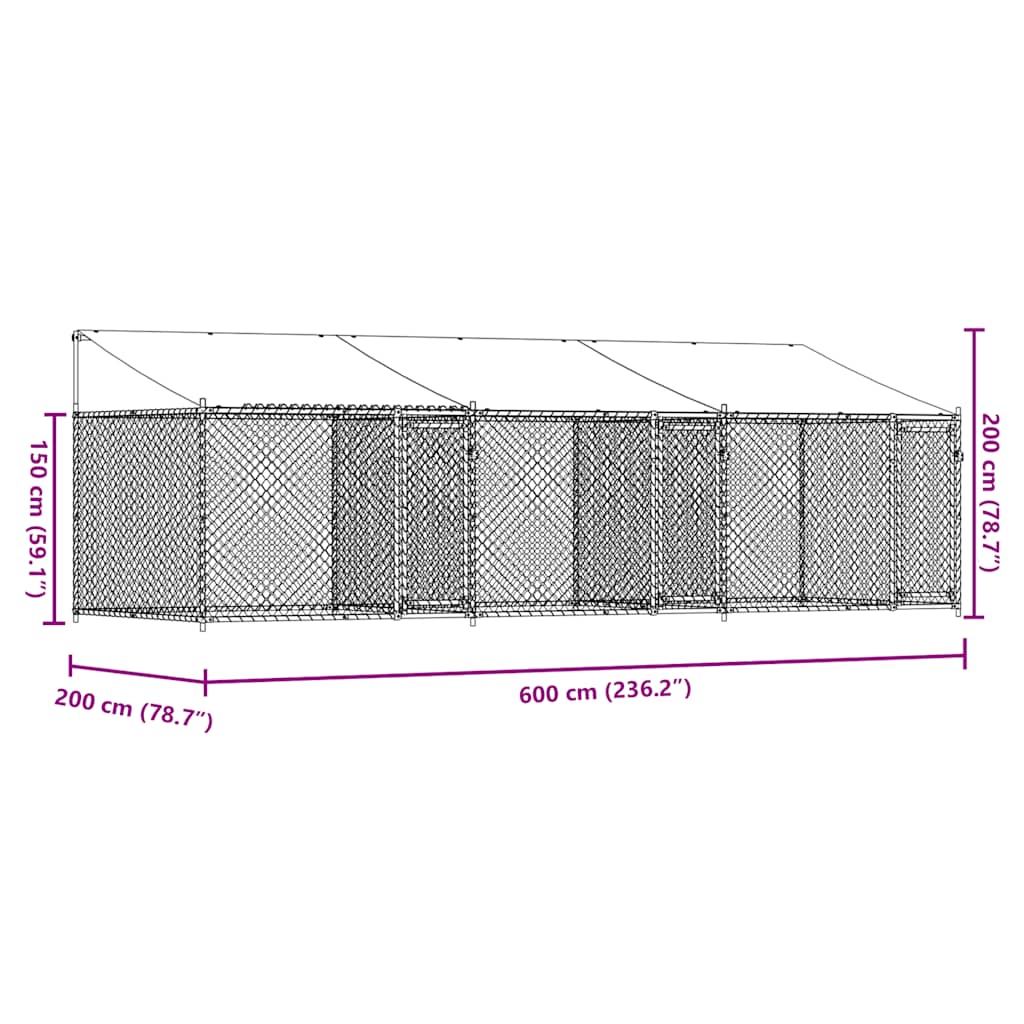 Hondenhok met dak en deuren 6x2x2 m gegalvaniseerd staal grijs