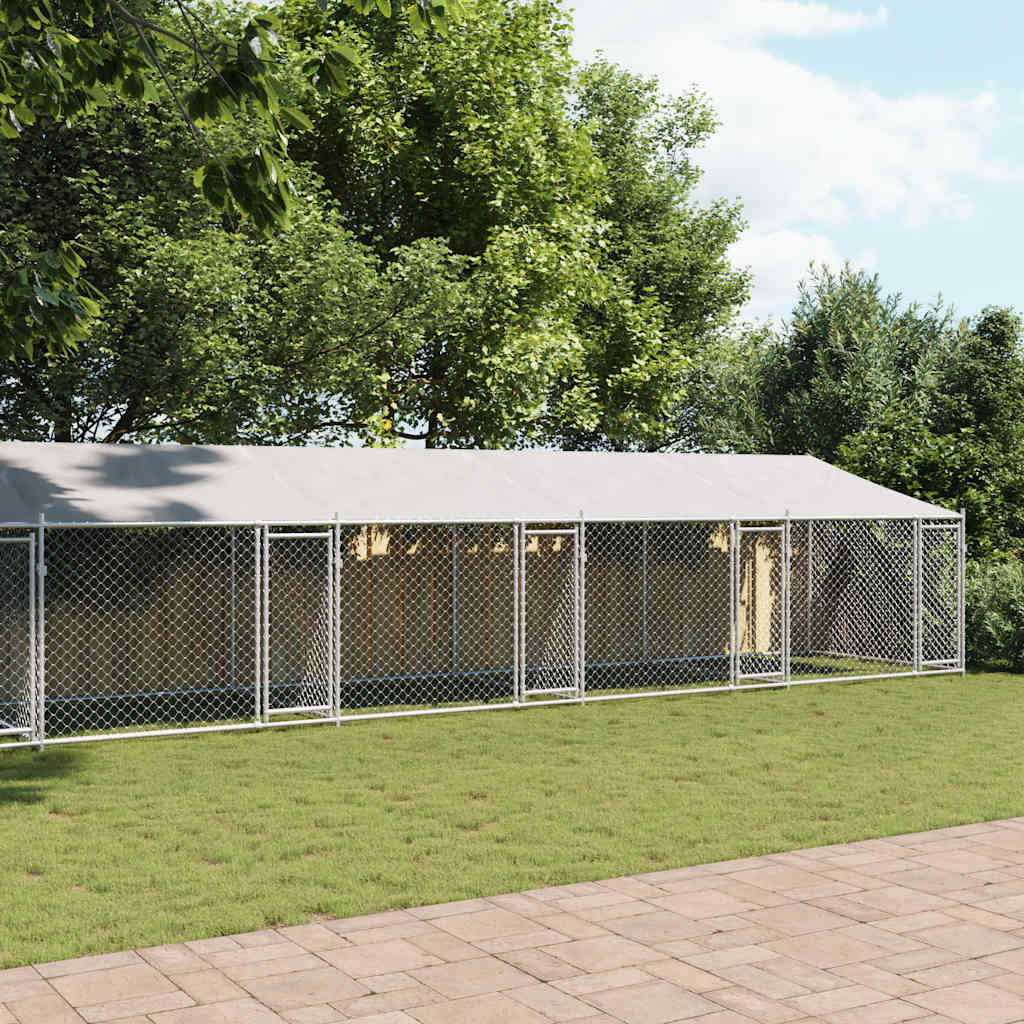 Hondenhok met dak en deuren 10x2x2 m gegalvaniseerd staal grijs