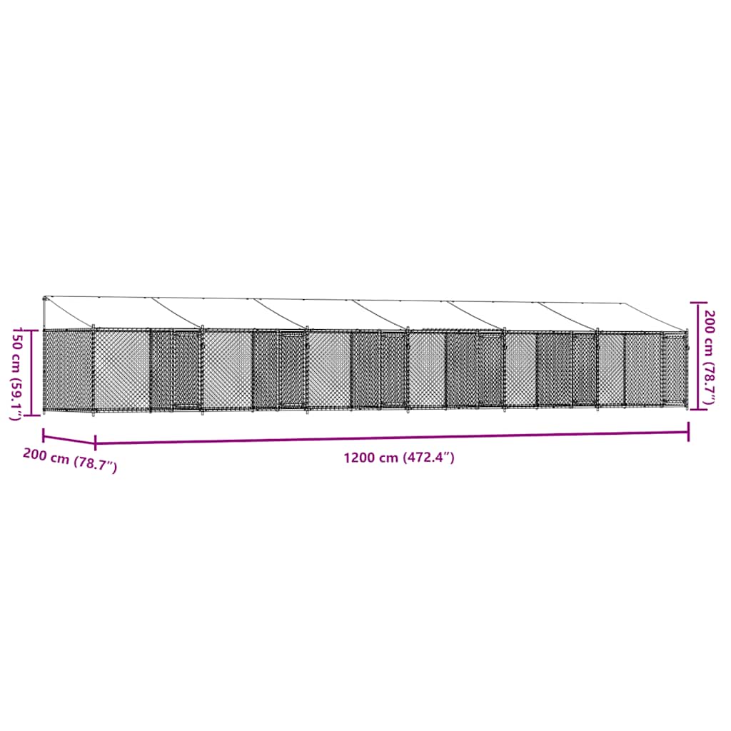 Hondenhok met dak en deuren 12x2x2 m gegalvaniseerd staal grijs