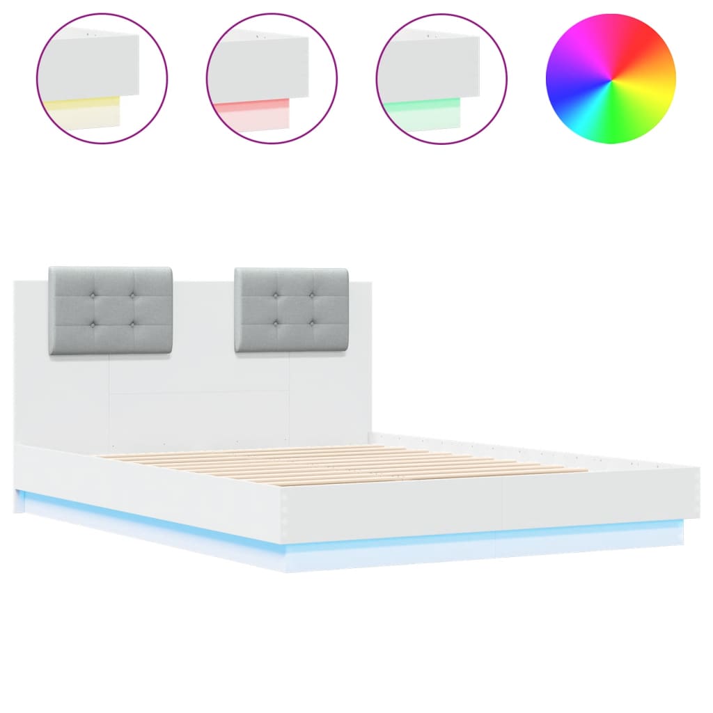 Bedframe Met Hoofdeinde En Led-Verlichting Wit 140X190 Cm Blauw