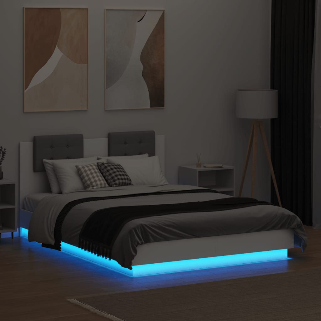 Bedframe Met Hoofdeinde En Led-Verlichting Wit 140X190 Cm Blauw