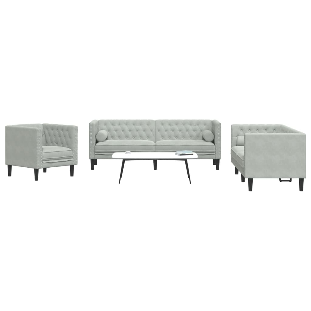 3-delige Loungeset Chesterfield met bolsters fluweel lichtgrijs