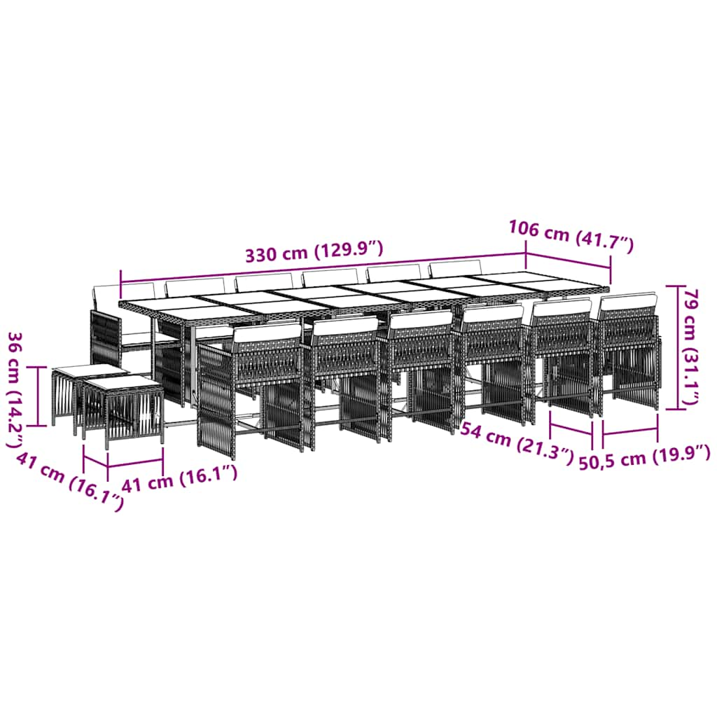 17-delige Tuinset met kussens poly rattan grijs