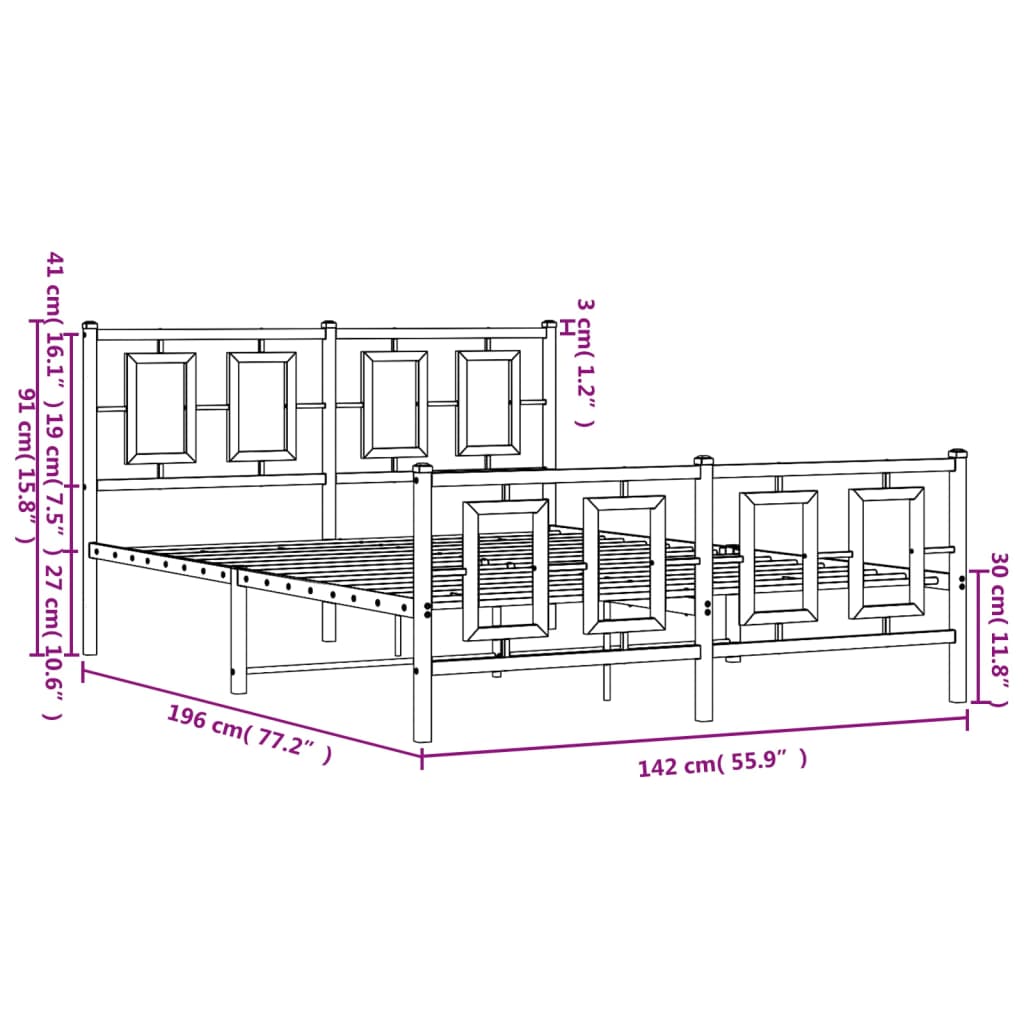 Bedframe Met Hoofd- En Voeteneinde Metaal Zwart 135 x 190 cm met hoofdbord & voetbord