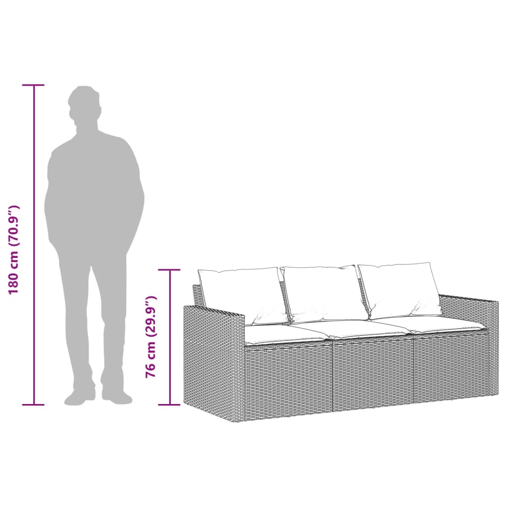 Tuinbank 3-zits met kussens poly rattan zwart