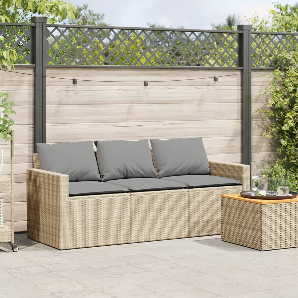 Tuinbank 3-zits met kussens poly rattan beige