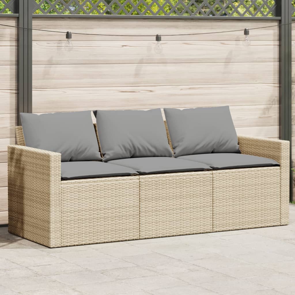 Tuinbank 3-zits met kussens poly rattan beige