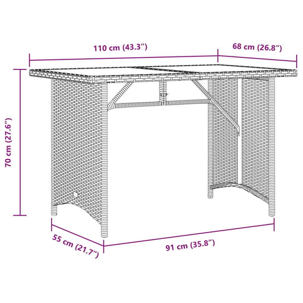 Tuintafel met glazen blad 110x68x70 cm poly rattan zwart