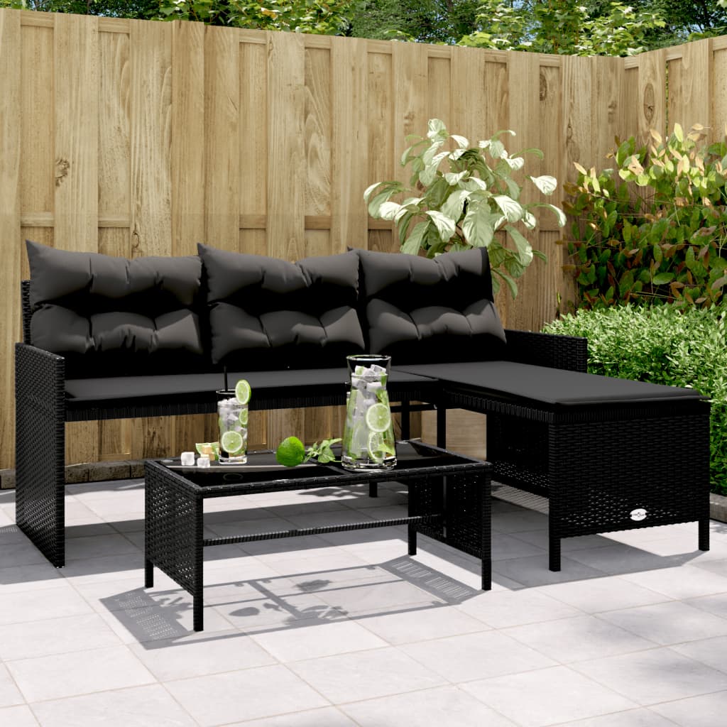 Tuinbank met tafel en kussens L-vormig poly rattan zwart