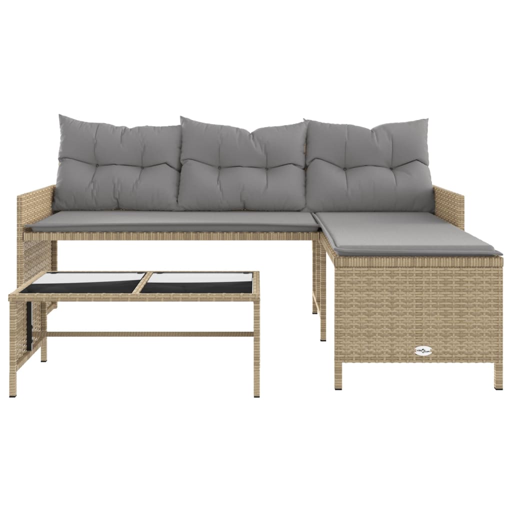 Tuinbank met tafel en kussens L-vormig poly rattan beige