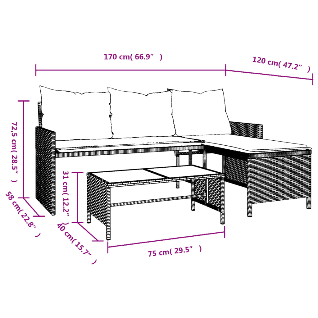 Tuinbank met tafel en kussens L-vormig poly rattan beige