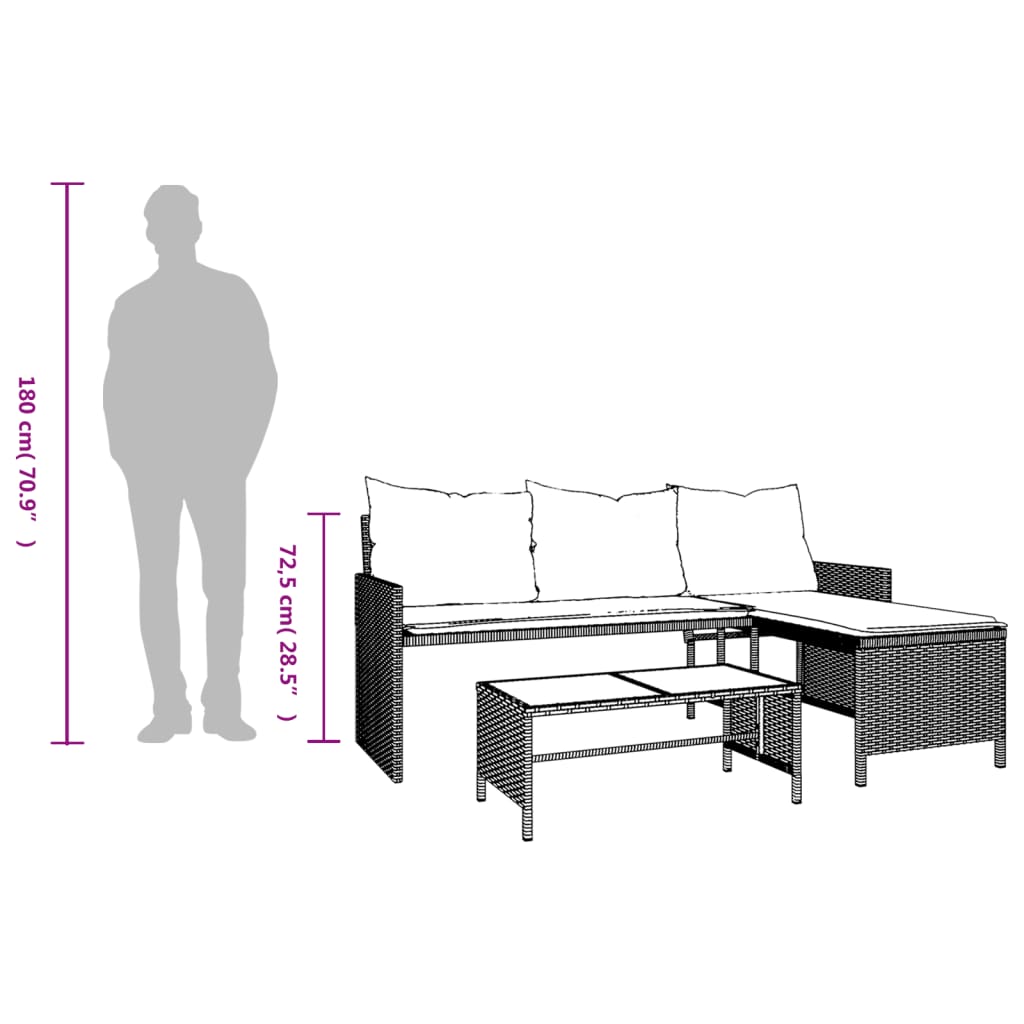 Tuinbank met tafel en kussens L-vormig poly rattan beige