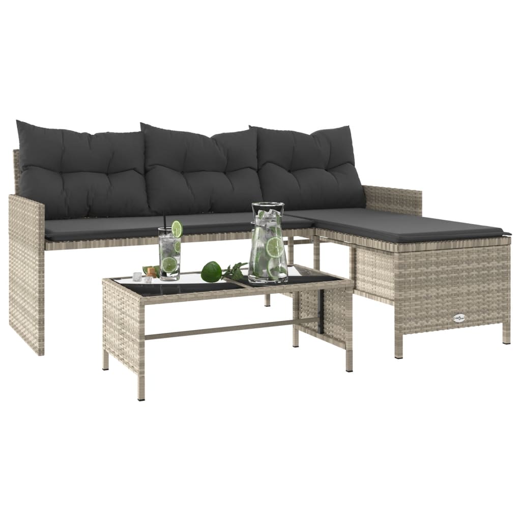 Tuinbank met tafel en kussens L-vormig poly rattan lichtgrijs