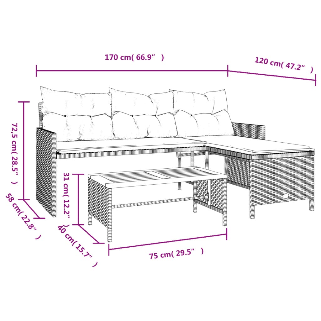 Tuinbank met tafel en kussens L-vormig poly rattan zwart