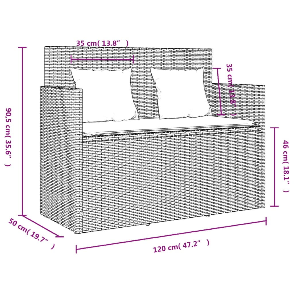 Tuinbank met kussens poly rattan grijs