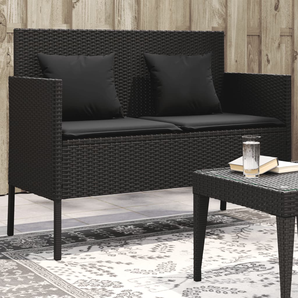 Tuinbank met kussens poly rattan zwart