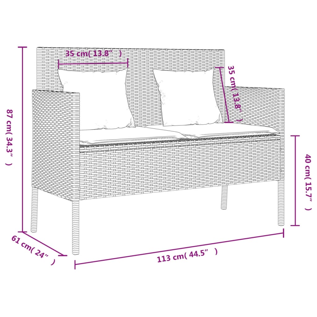 Tuinbank met kussens poly rattan bruin