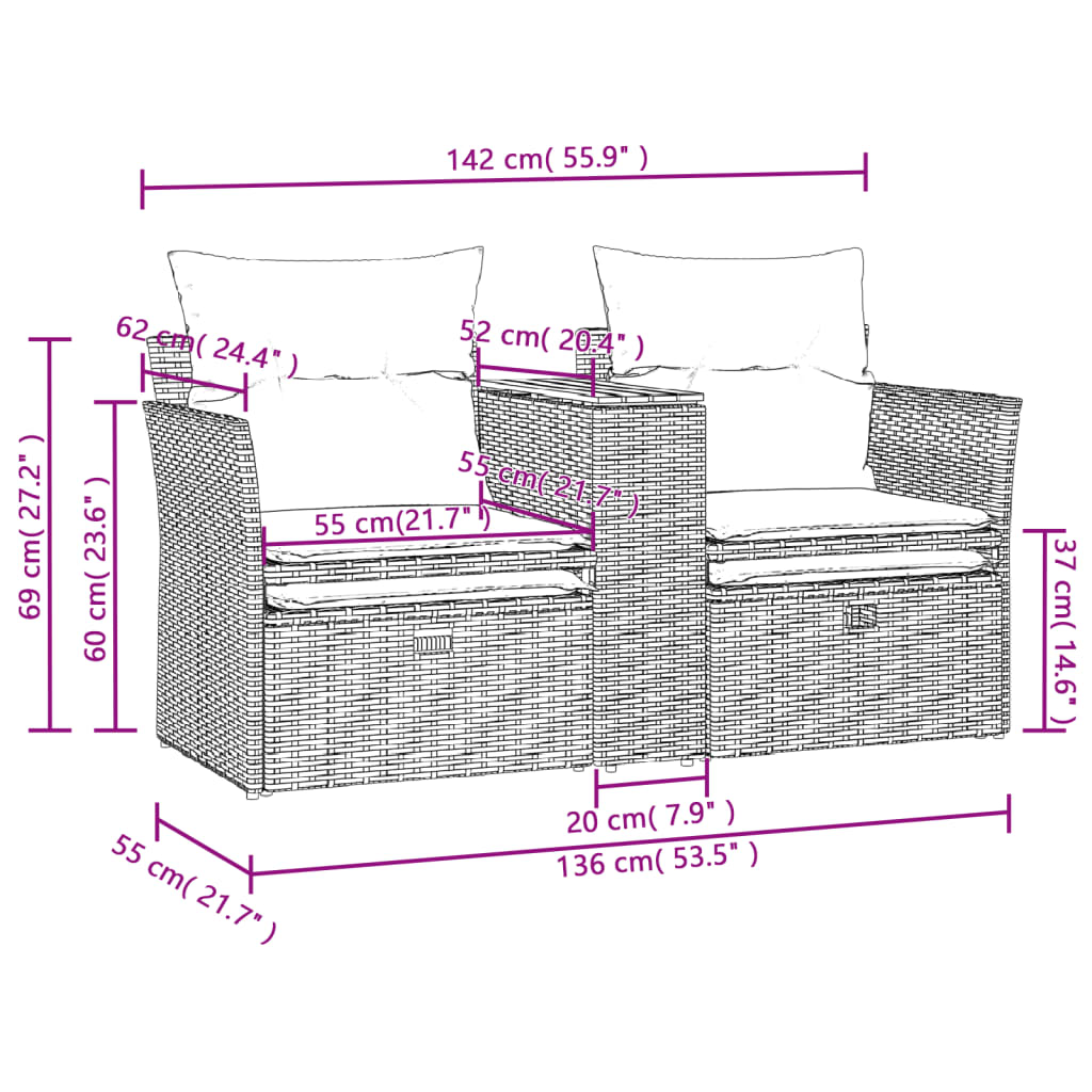 Tuinbank 2-Zits Met Voetenbanken Poly Rattan Zwart without canopy