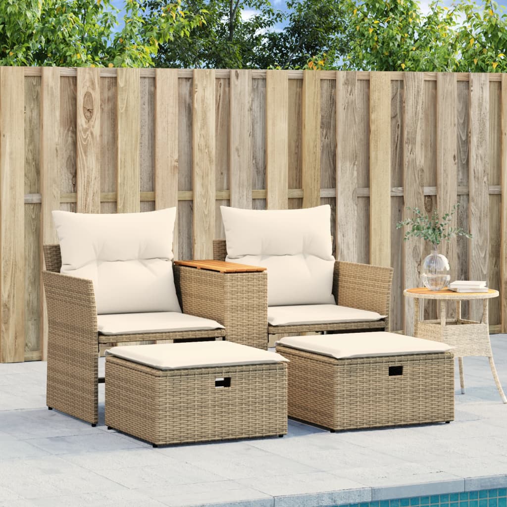 Tuinbank 2-zits met voetenbanken poly rattan beige