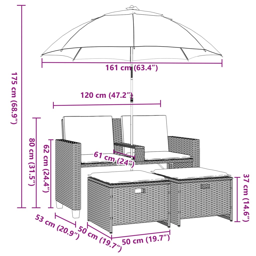 Tuinbank 2-zits parasol en voetenbanken poly rattan lichtgrijs