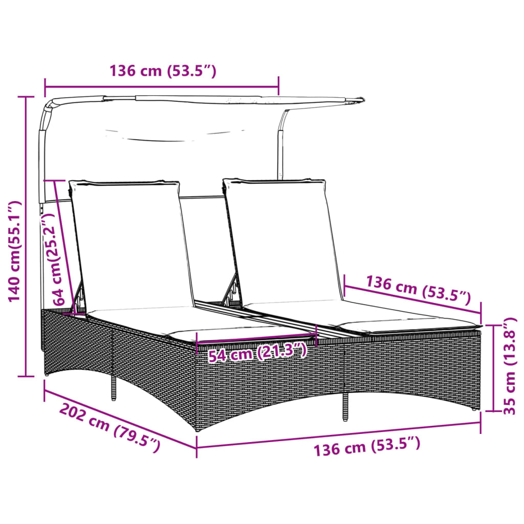 Ligbed 2-persoons met luifel en kussens poly rattan zwart