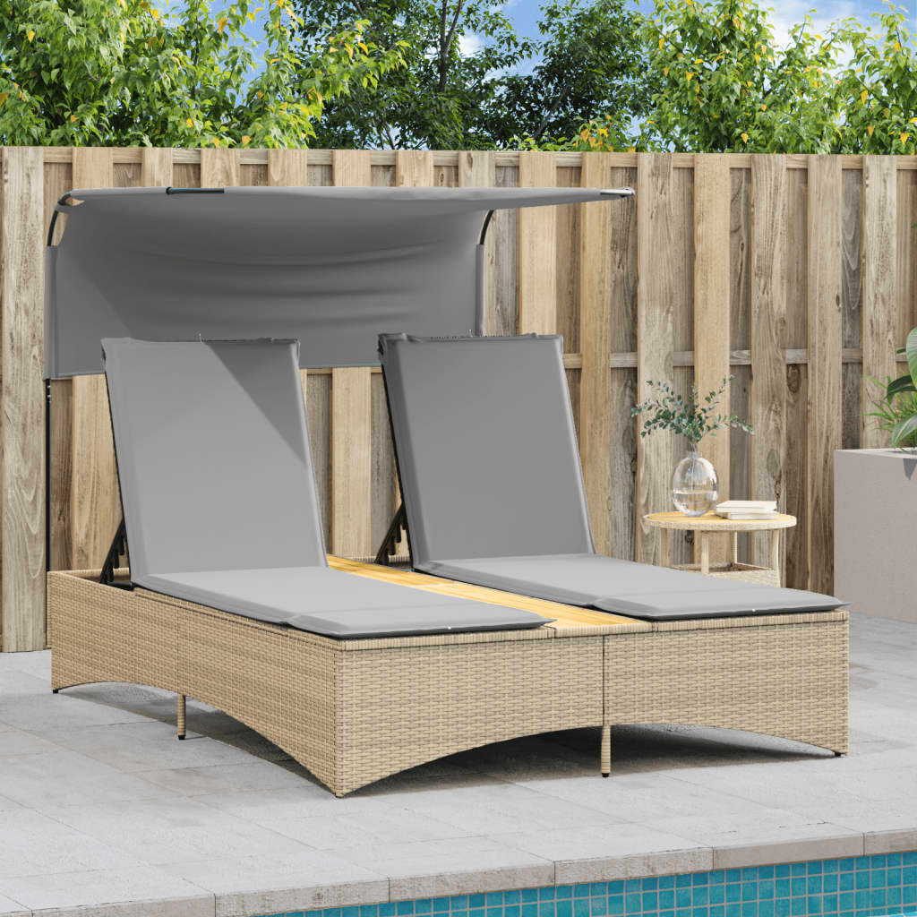 Ligbed 2-persoons luifel en kussens poly rattan gemengd beige