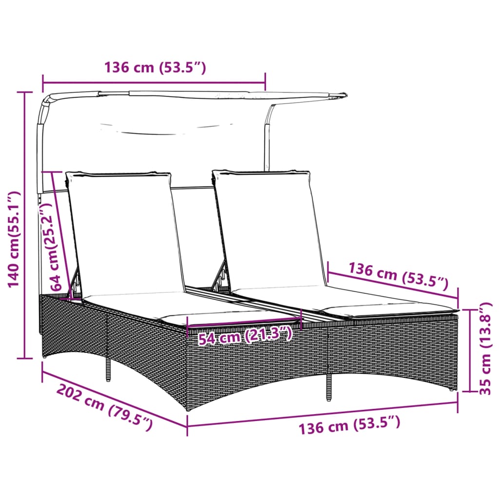 Ligbed 2-persoons luifel en kussens poly rattan gemengd beige