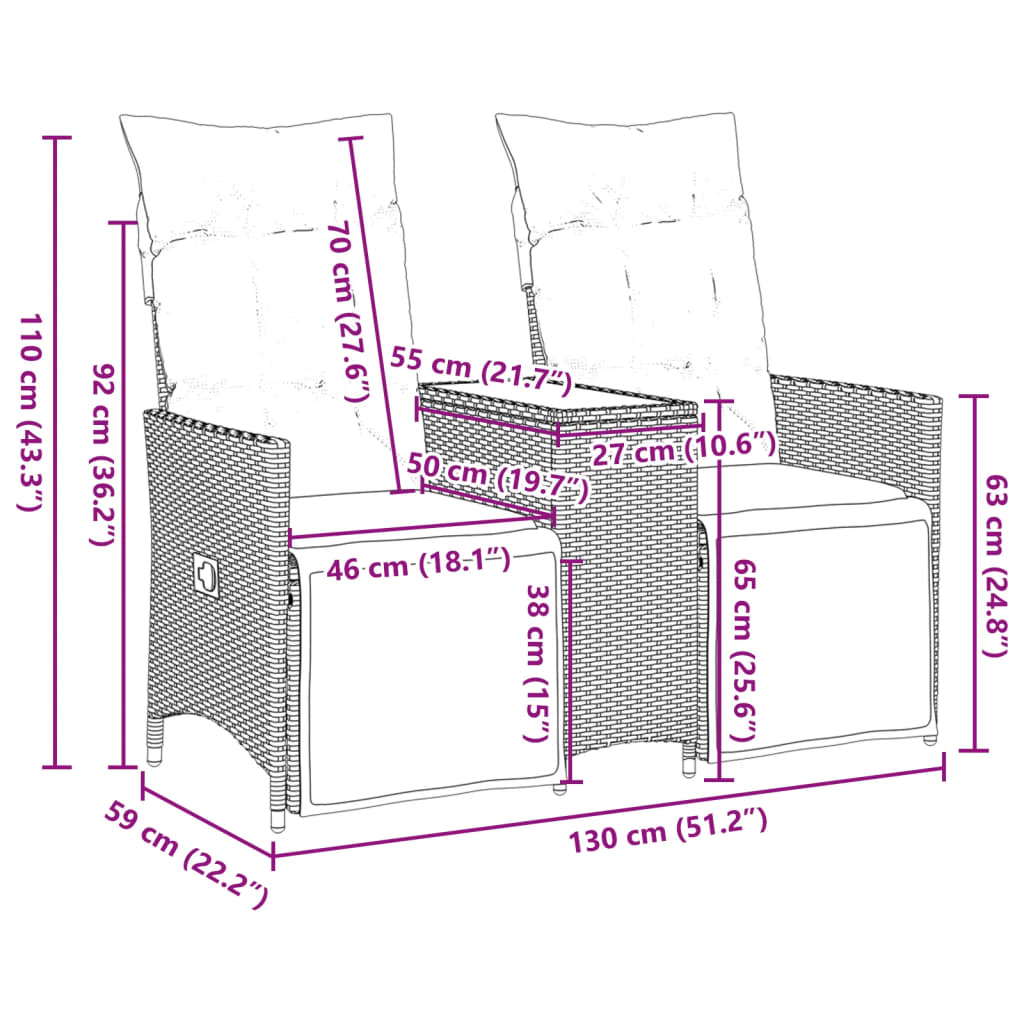 Tuinbank 2-zits verstelbaar met tafel poly rattan beige