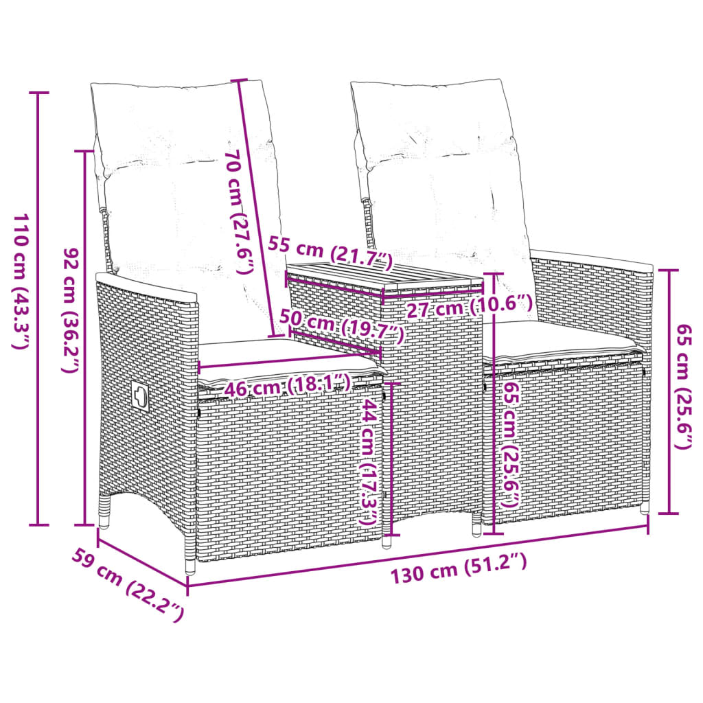 Tuinbank 2-zits verstelbaar met tafel poly rattan grijs