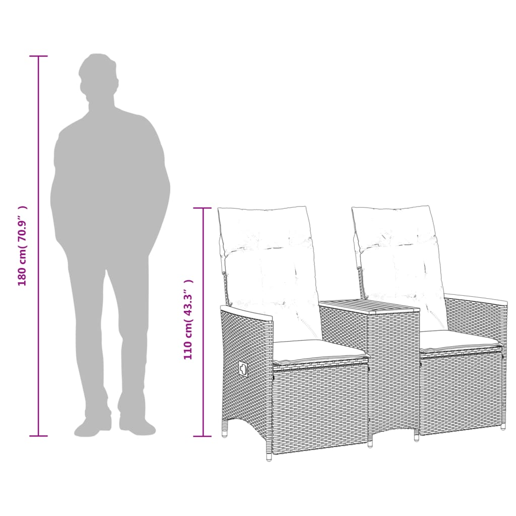 Tuinbank 2-zits verstelbaar met tafel poly rattan grijs