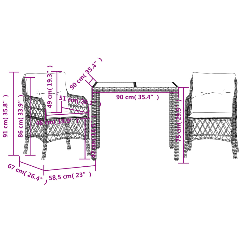 -Delige Bistroset Met Kussens Poly Rattan 3 90 cm tafellengte Zwart en crème