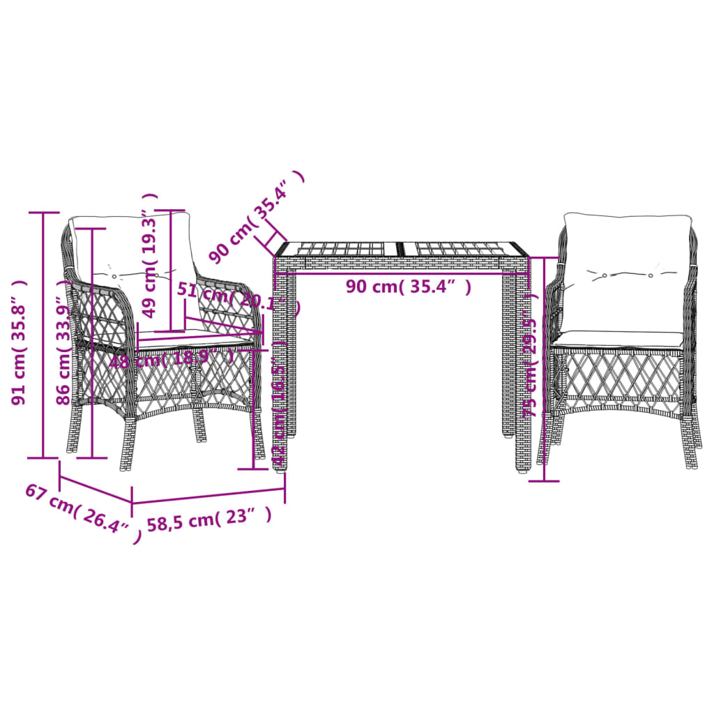 -Delige Bistroset Met Kussens Poly Rattan 3 90 cm tafellengte Grijs