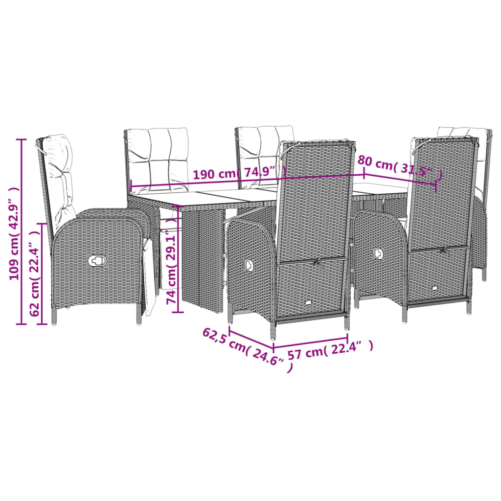 7-delige Tuinset met kussens poly rattan zwart