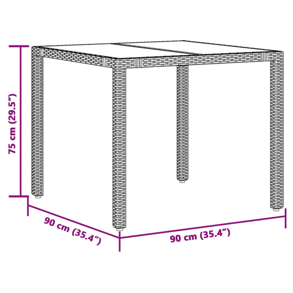 Tuintafel met glazen blad 90x90x75 cm poly rattan