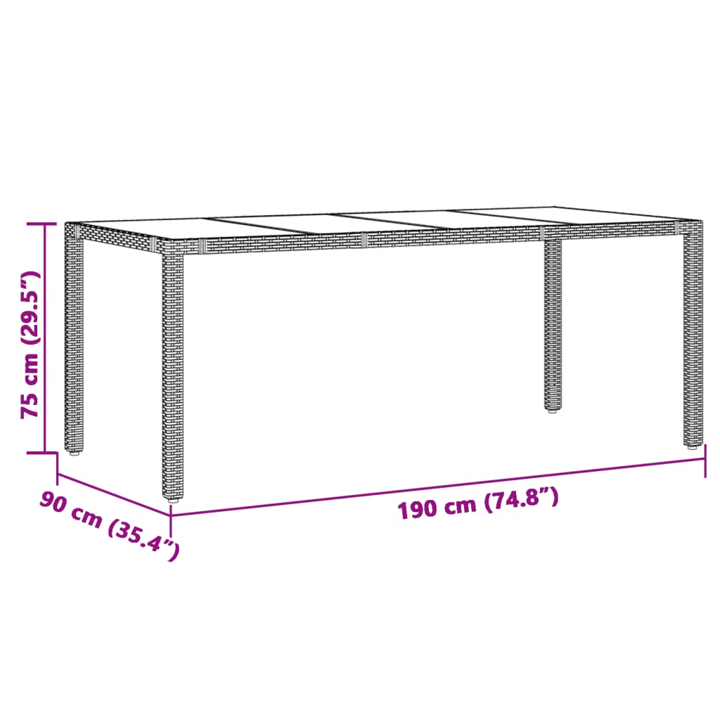 Tuintafel met glazen blad 190x90x75 cm poly rattan zwart