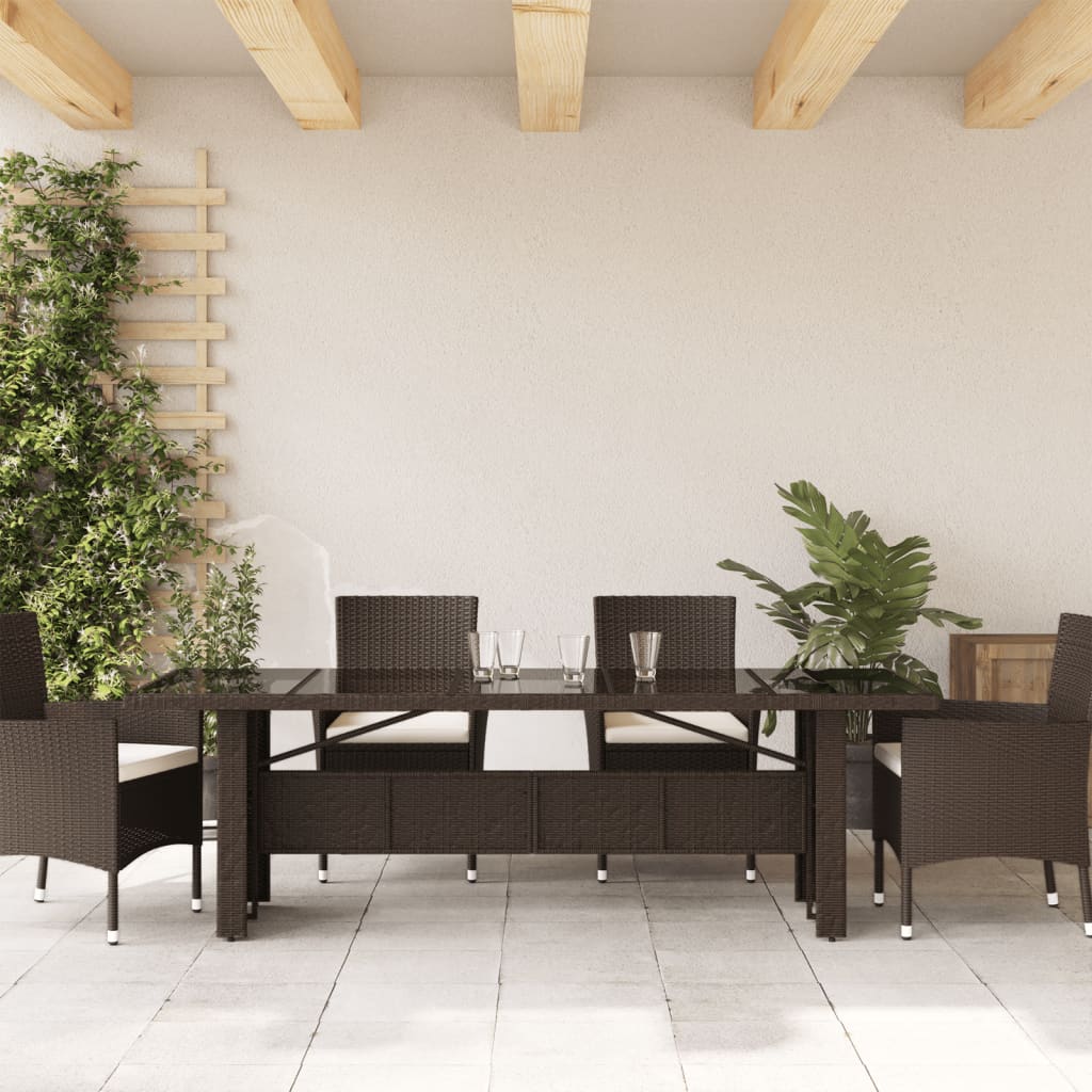 Tuintafel met glazen blad 240x90x75 cm poly rattan bruin
