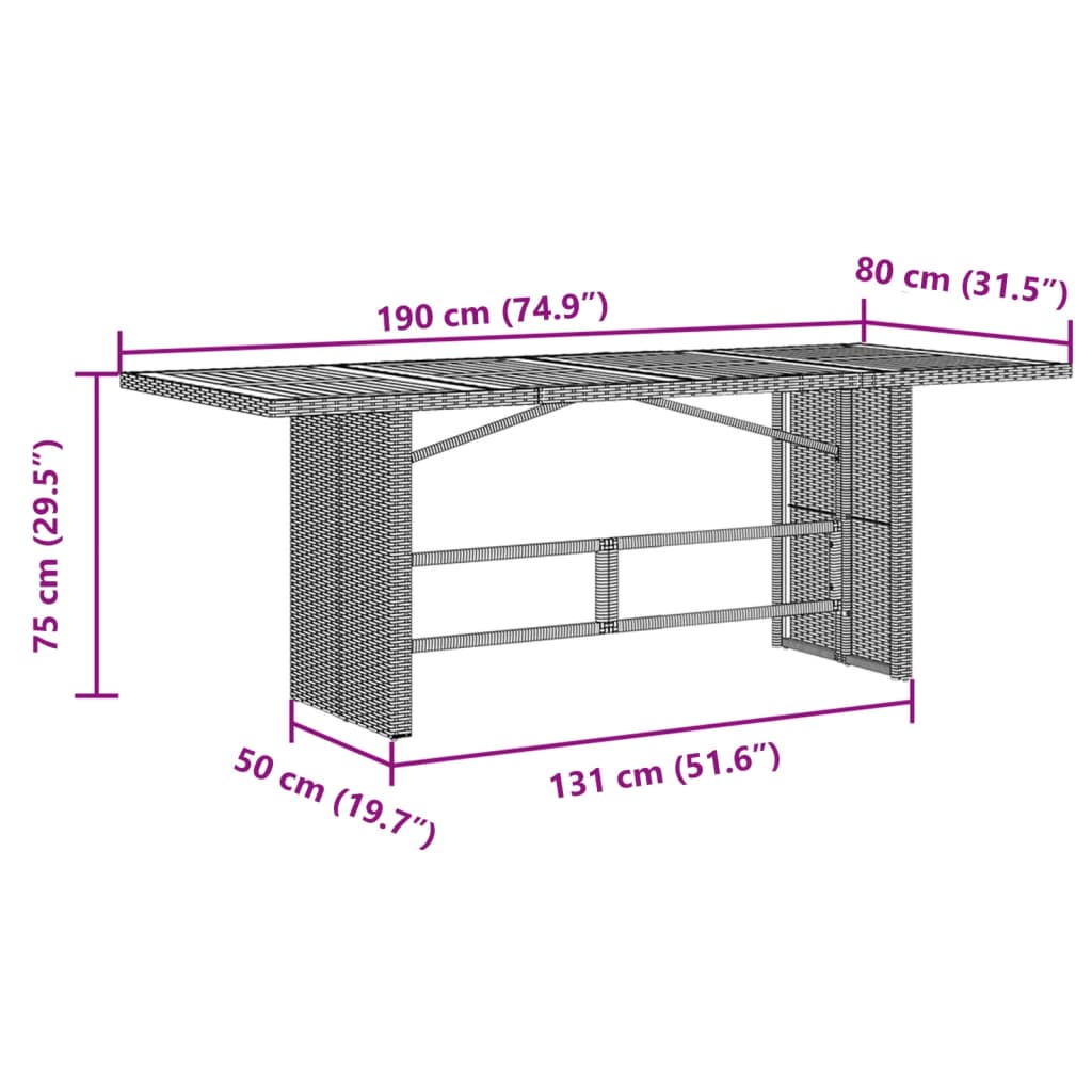 Tuintafel met acaciahouten blad 190x80x75 cm poly rattan zwart