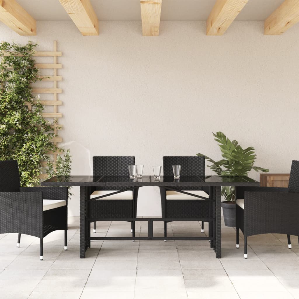 Tuintafel met glazen blad 190x80x75 cm poly rattan zwart