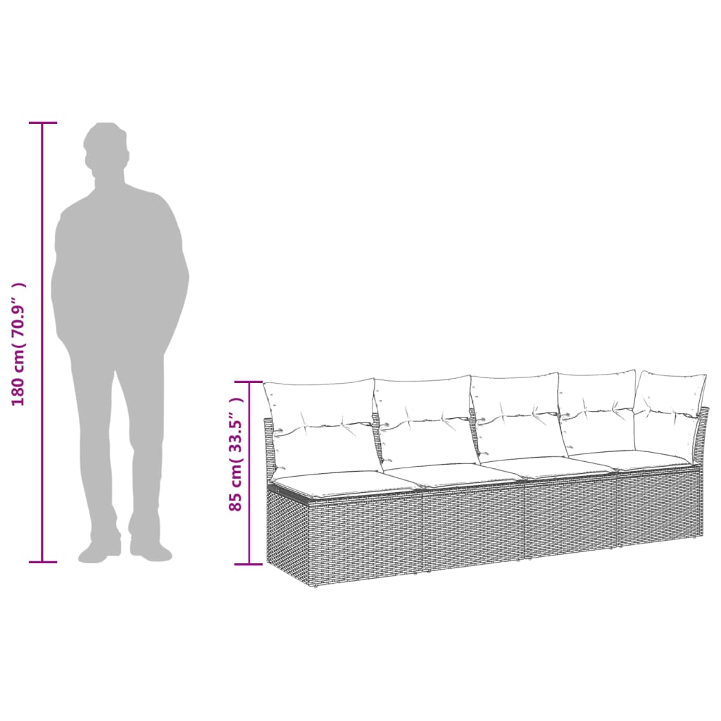 Tuinbank 4-zits met kussens poly rattan zwart