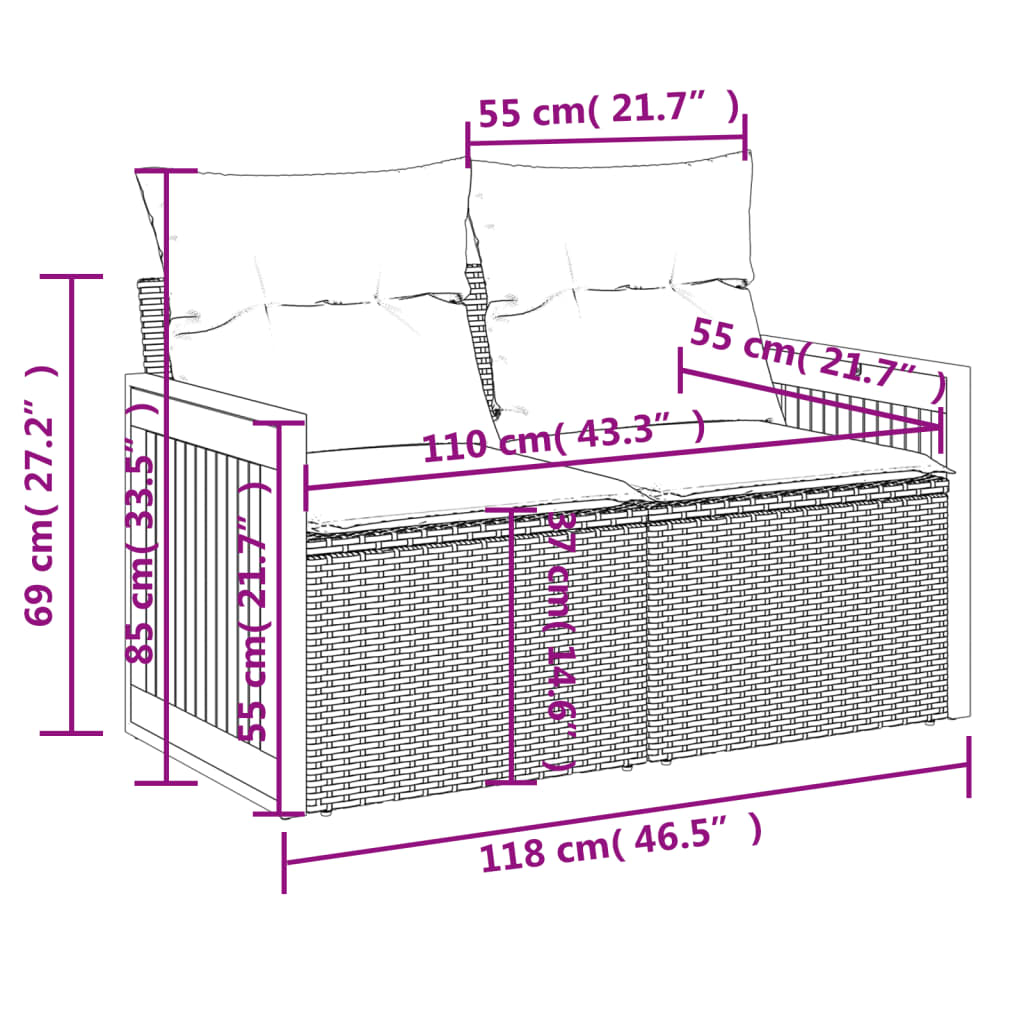 Tuinbank 2-Zits Met Kussens Poly Rattan Zwart