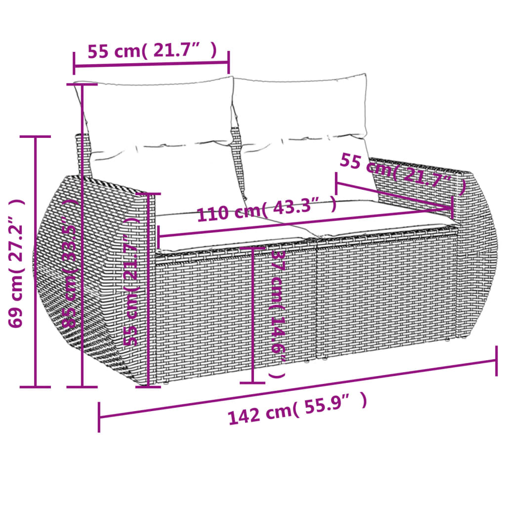 Tuinbank 2-zits met kussens poly rattan zwart