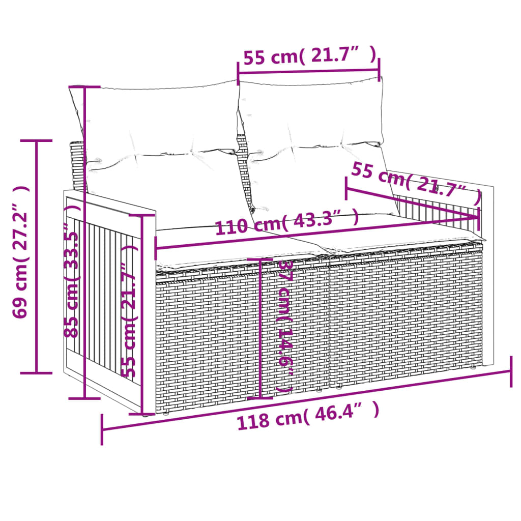 Tuinbank 2-zits met kussens poly rattan zwart