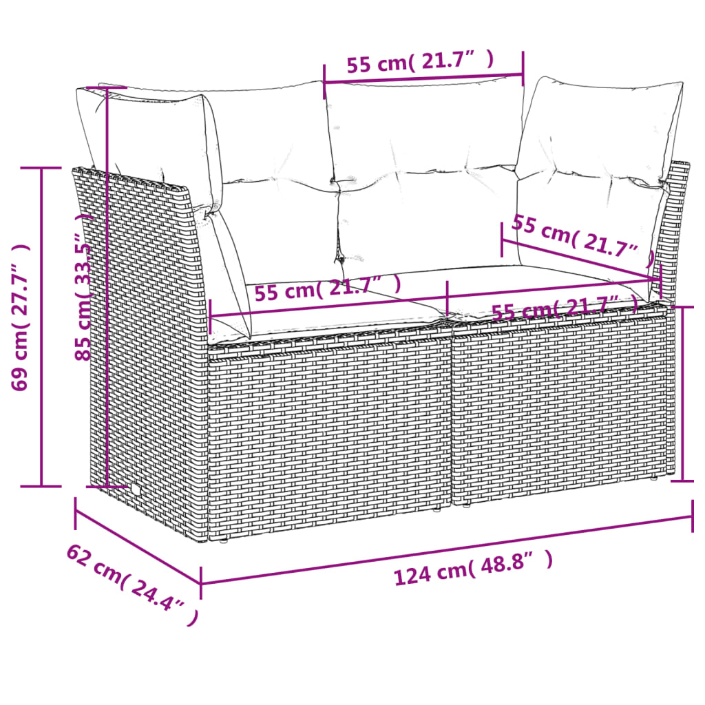 Tuinbank 2-zits met kussens poly rattan beige