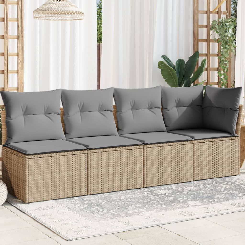 Tuinbank 4-zits met kussens poly rattan beige