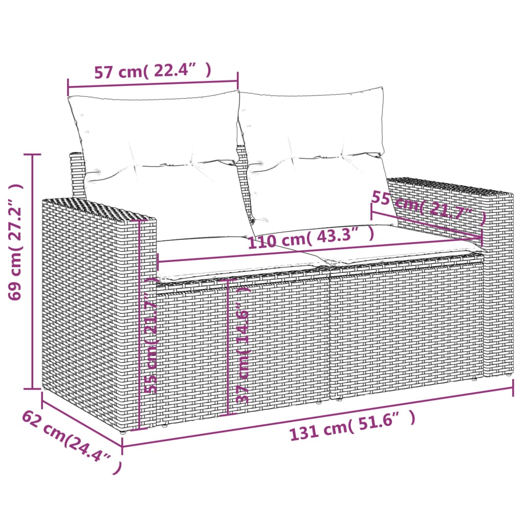 Tuinbank 2-zits met kussens poly rattan beige